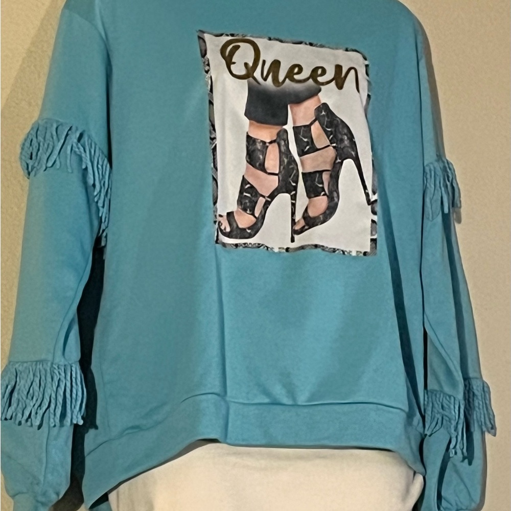 Blue Graphic Fringe Sweatshirt NWOT